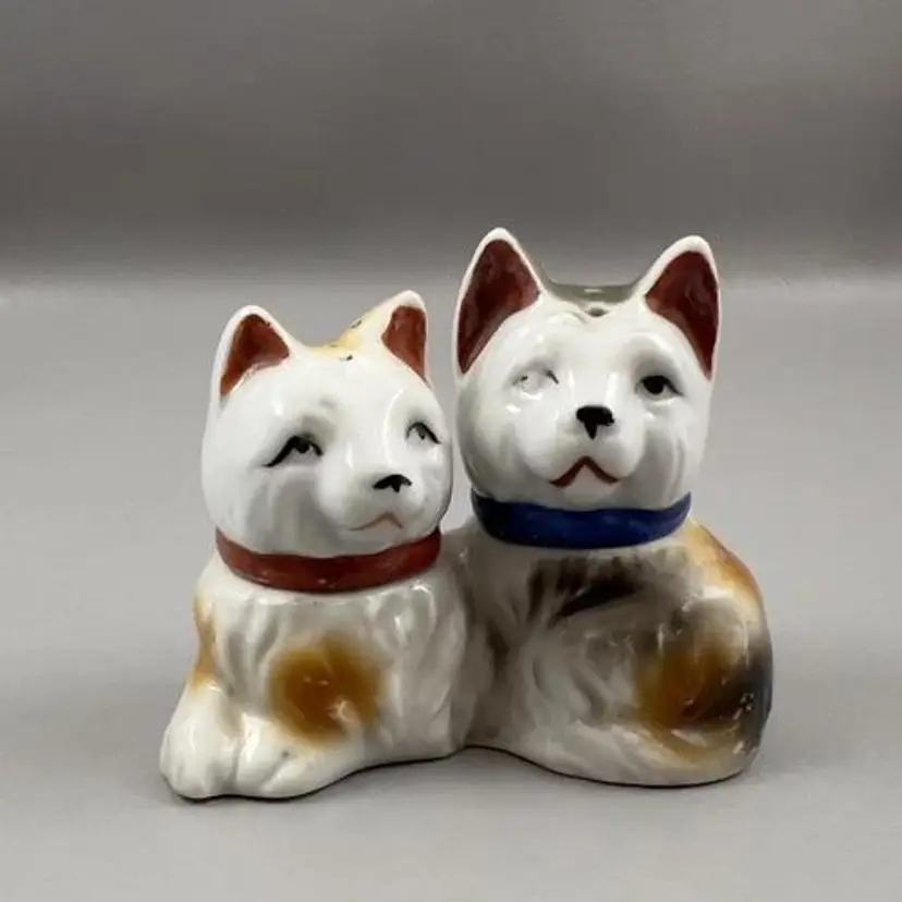 Vintage 1940s Dog Salt & Pepper Shakers In Base Japan 2.5"X3.5"