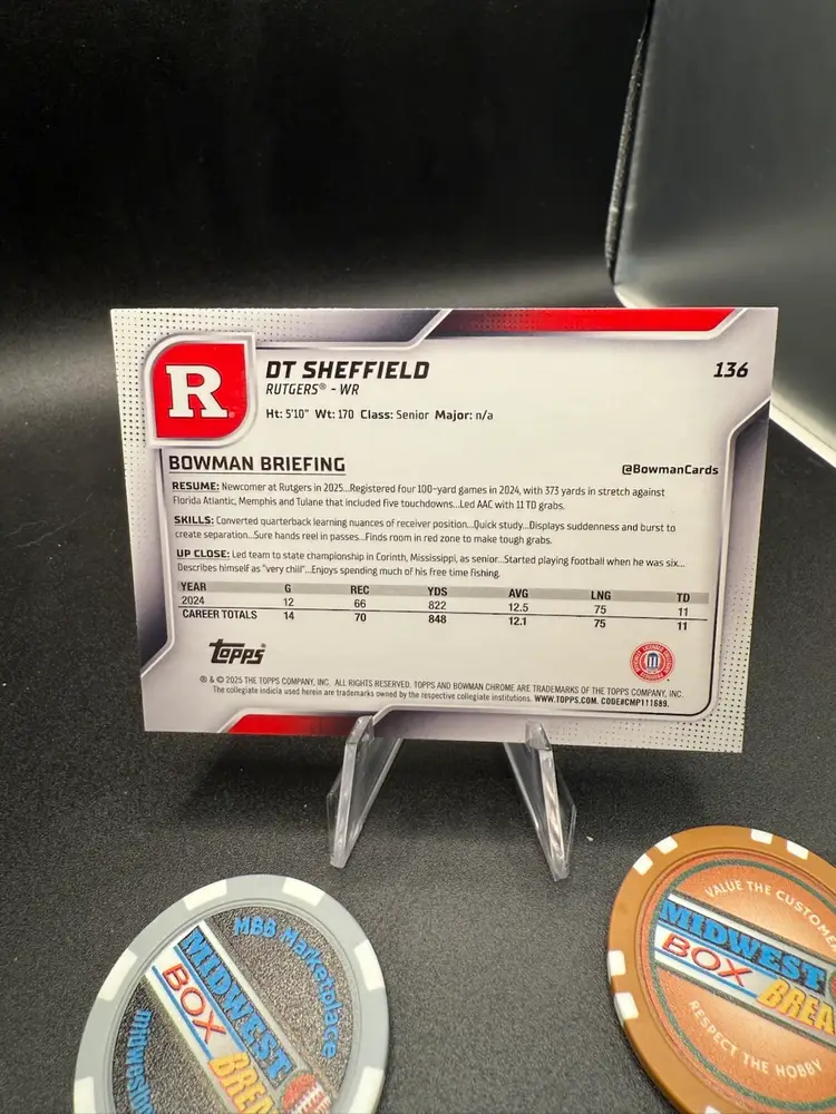 DT Sheffield 1st Bowman #/75 2025 Bowman Chrome University Rutgers University