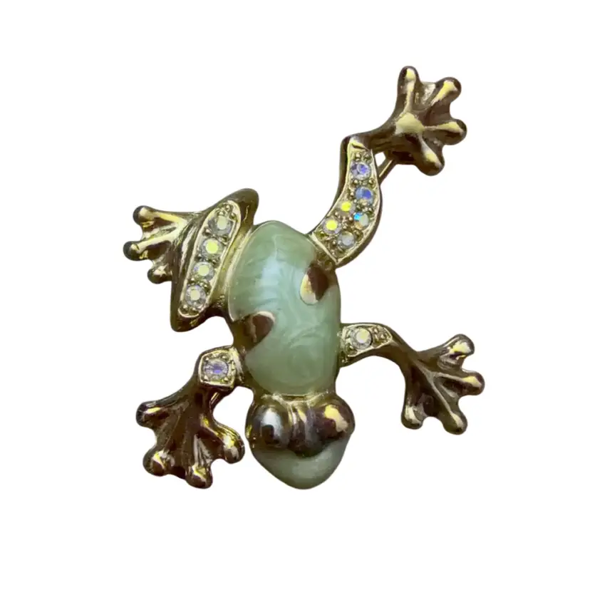 Aurora Borealis Gold Tone Pavé Light Green Enamel Frog Brooch