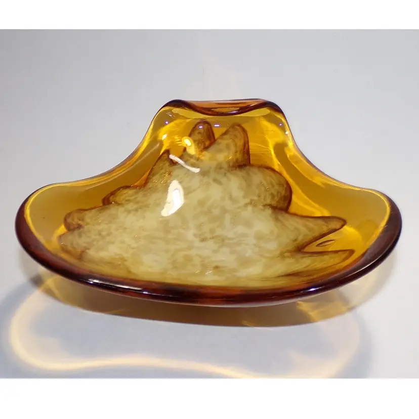 Vintage Murano for Princess House Amber Art Glass Venetian Sculpted Dish With Gold Aventurine