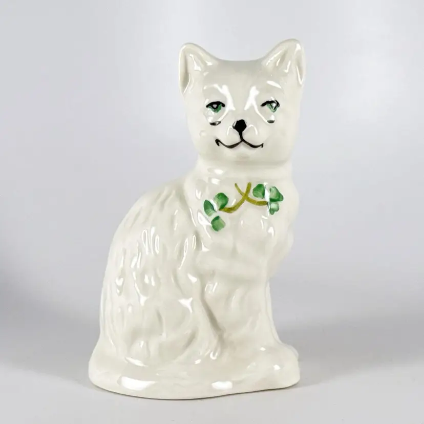Belleek Ireland "Classic Quizzical Cat" Figurine, Hand-Painted Fine Parian China, Shamrocks & Clover