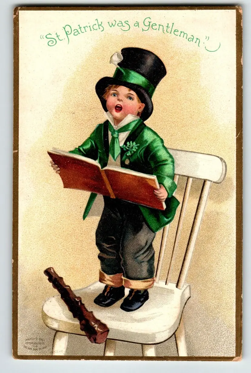 St Patricks Day Postcard Boy Standing On Chair Book Club Ellen Clapsaddle 1909