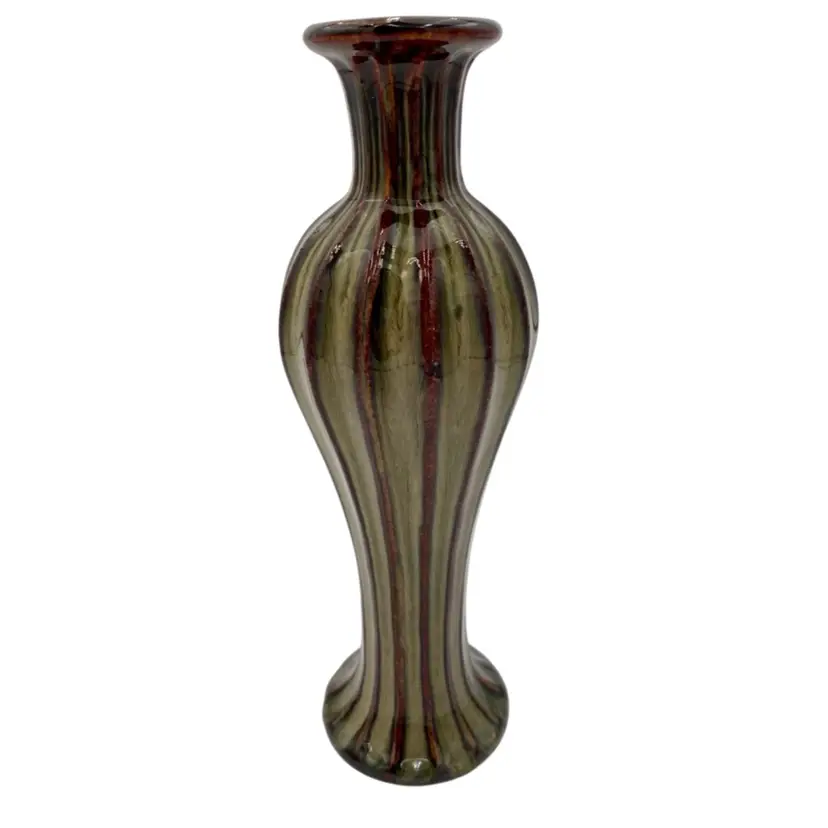Art Pottery Tall Vase (12"), Ribbed, Drip Glaze - Russet, Wine, Olive, MINT