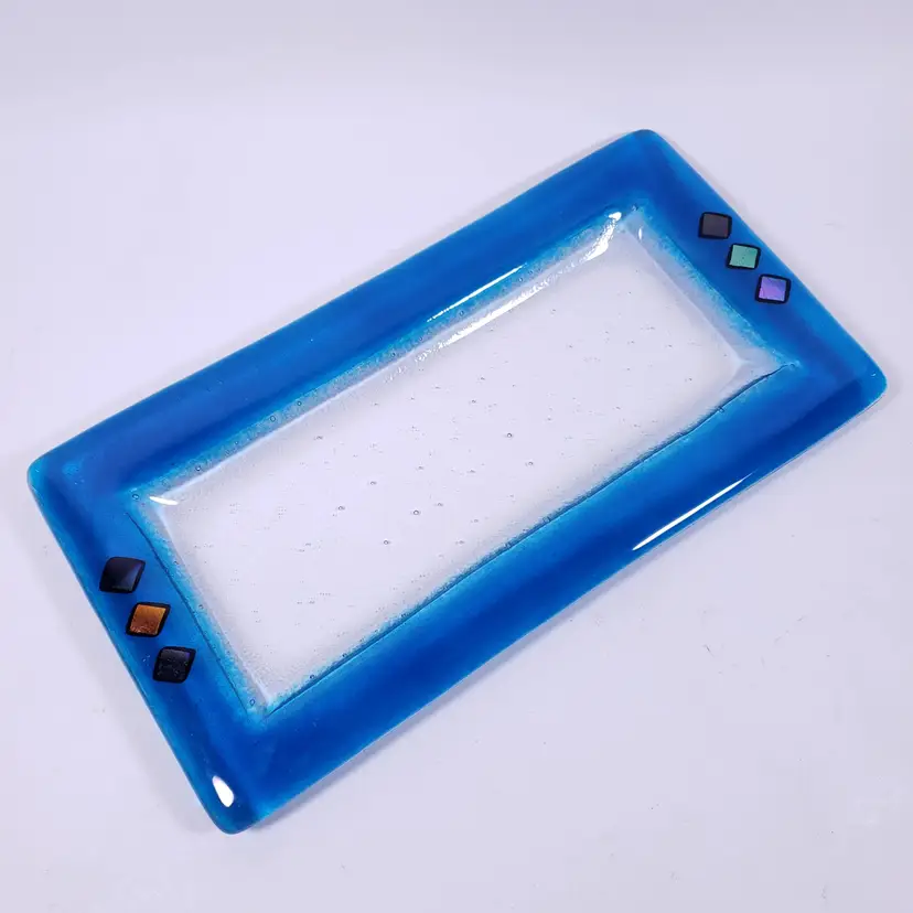 Signed SHARON McNAMARA Kiln Art Blue Semi Formal Dichroic Fused Glass TRAY