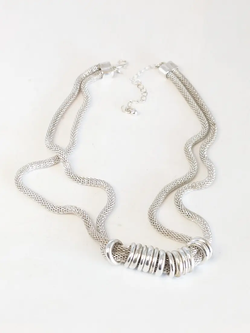Silver Tone Mesh Double Strand Necklace with Ring Charms