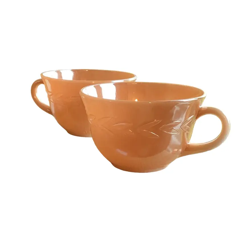 Gorgeous Pair Of Peach Lustre Fire King Oven Ware Tea/Coffee Cups