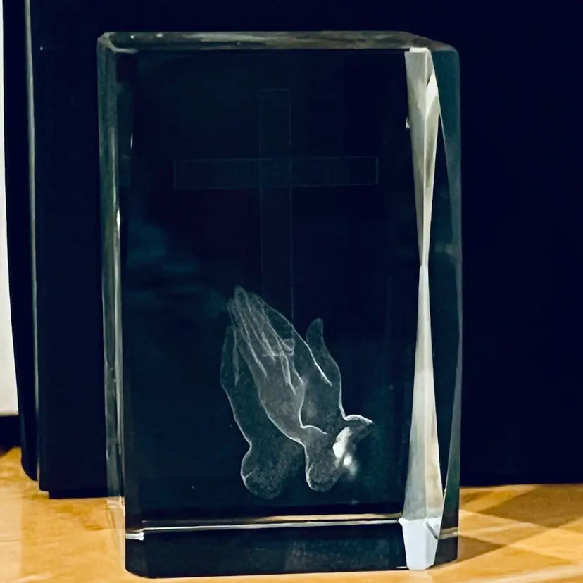 Vintage Clear Glass Praying Hands Cross Religious Paperweight