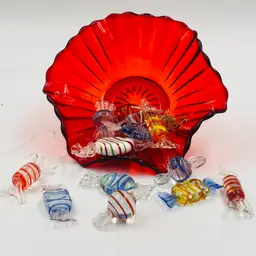 BVAMPERS - Don't Eat The Candy! Ruby Red Indiana Glass Bowl with ALL this Diet Candy