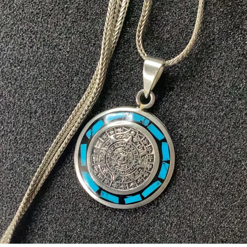 Vintage Mexican Necklace Mayan Calendar Pendant Inlay Turquoise 23”