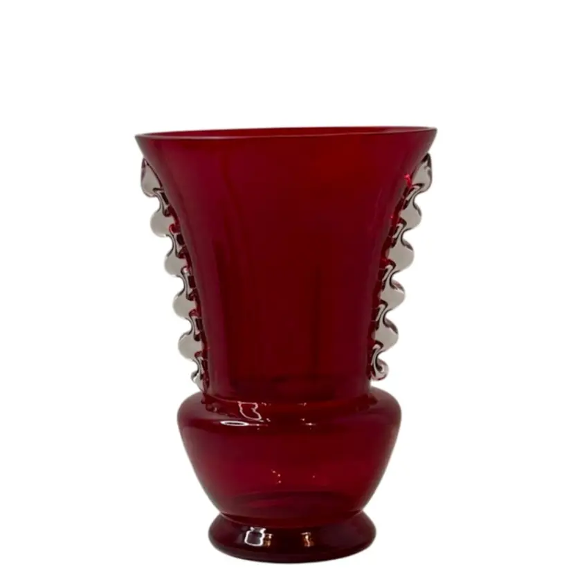 Ruby Red 5.5” Vase Clear Scalloped Trim-Czechoslovakia *Read*