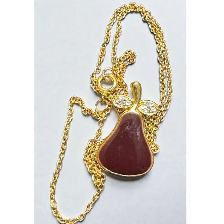 Petite Enamel & Rhinestone Purple Pear Gold Tone Necklace 18”