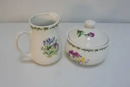 Thomson Pottery China Floral Garden Lily Iris Geraniums Sugar Creamer Set of 2