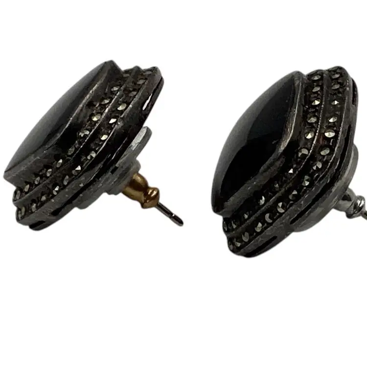 Vintage Judith Jack 925 Sterling Silver  Marcasite Black Onyx Square Earrings