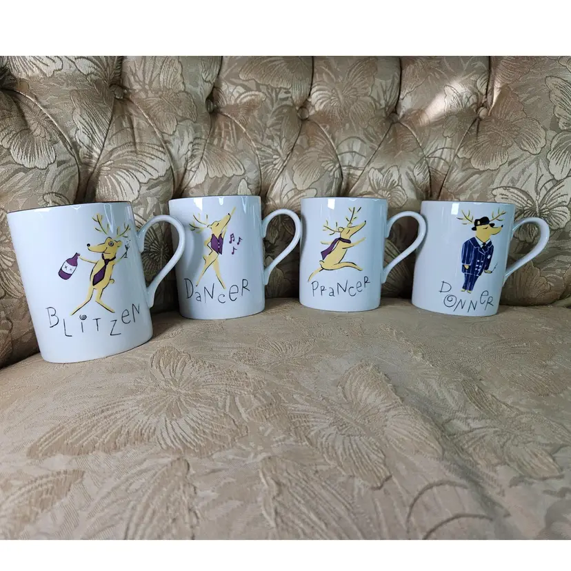 Set of 4 Pottery Barn Reindeer Christmas Mugs