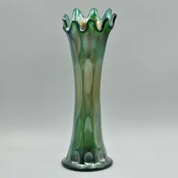Antique Fenton Green Carnival Glass Vase Long Thumbprint Vase