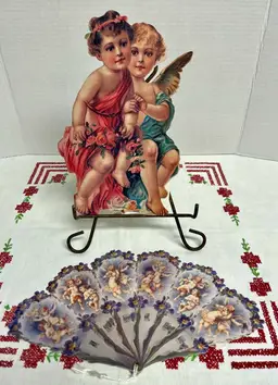 Old Print Factory Vintage Reproduction Of Victorian Valentines Cherubs Angels Floral , Folding Fan