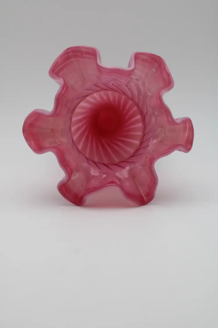 Vintage Fenton Glass Cranberry & White Spiral Optic, Crimped Ruffle Vase