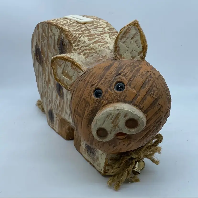 #5003 Large Rustic Pottery piggy bank with distressed finish and rope tail 10” x 7”