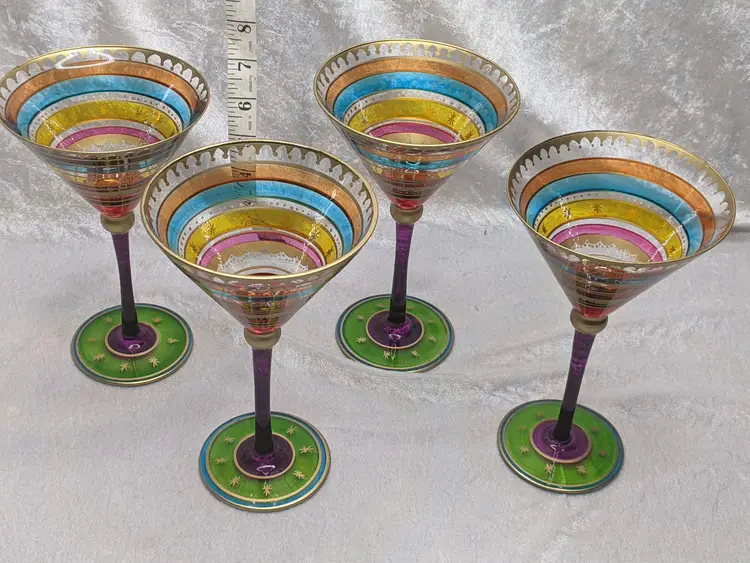 Set Of 4 Pier 1 Hand Painted Martini Glasses Stars Purple Stem Gold Bohemian Decor Christmas Gift