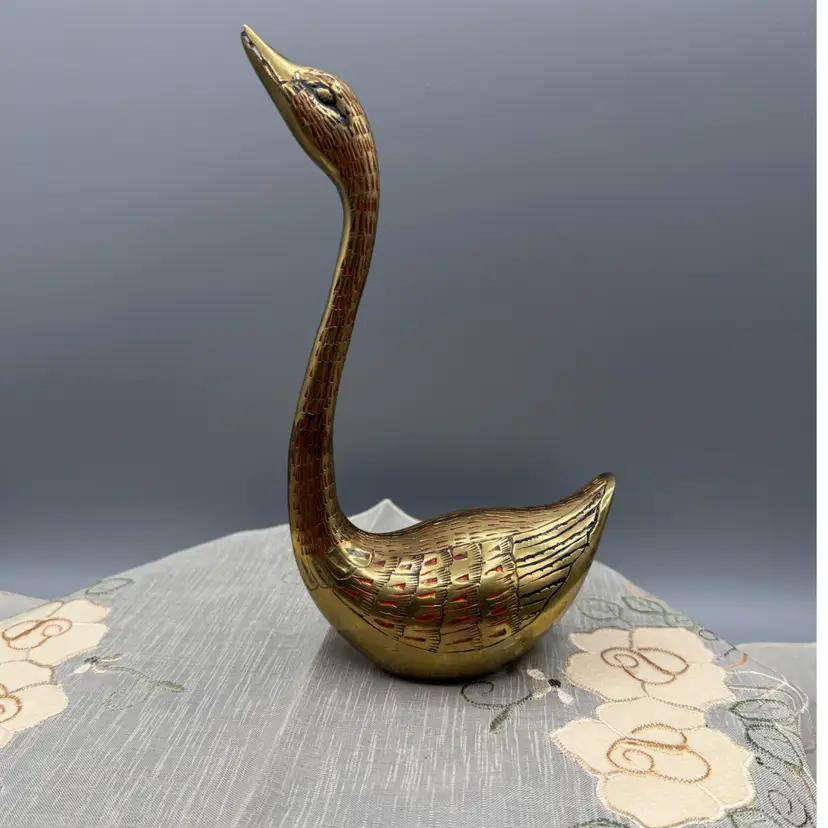 Vintage Etched Brass Swan Figurine 7.75" – Mid Century UV Reactive Glow Accent