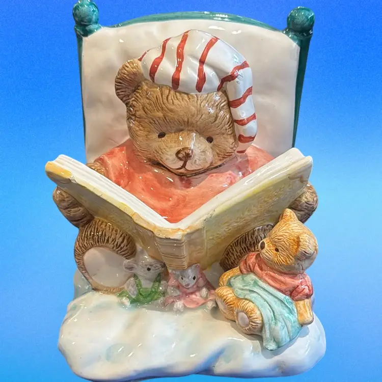 Vintage Mama Bear & Cub Story time Reading Ceramic Bookends