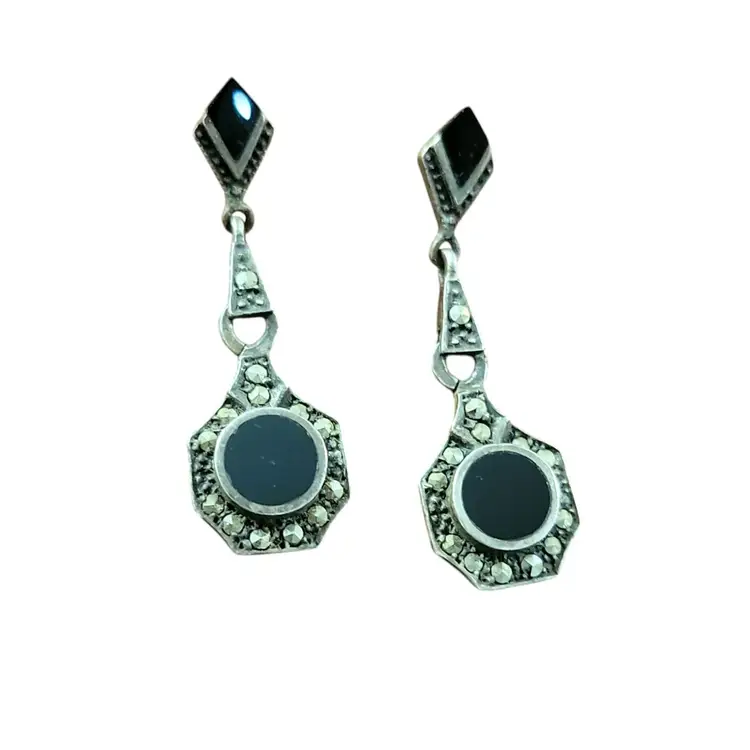 Vtg Sterling Silver Black Onyx Dangle Drop Earrings 1 1/2" Long Romantic READ