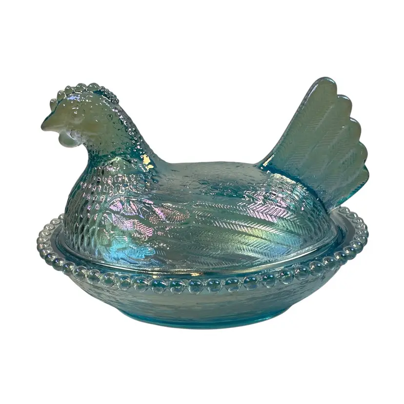 Rose’s Closet Blue Carnival Glass Hen on Nest 3 1/2” tall 4 3/4” long New Chicken