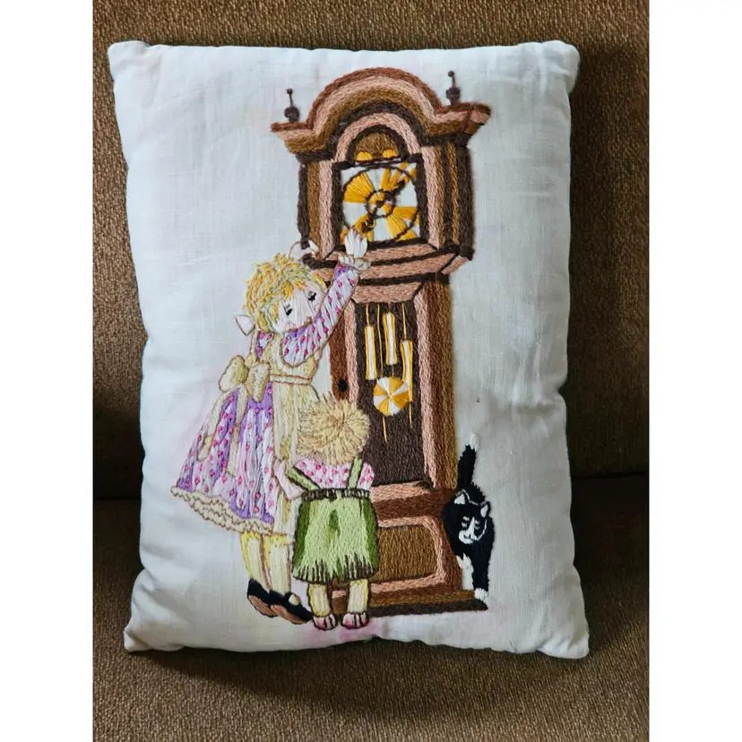 Handmade Pillow Made With Crewel Yarn Has Children And a Cat! Holly Hobbie Design On Back Bucilla Vtg