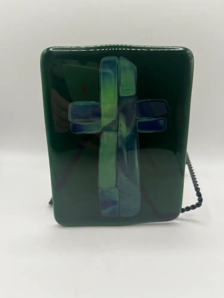Fused Glass Plaque Green Blue Cross