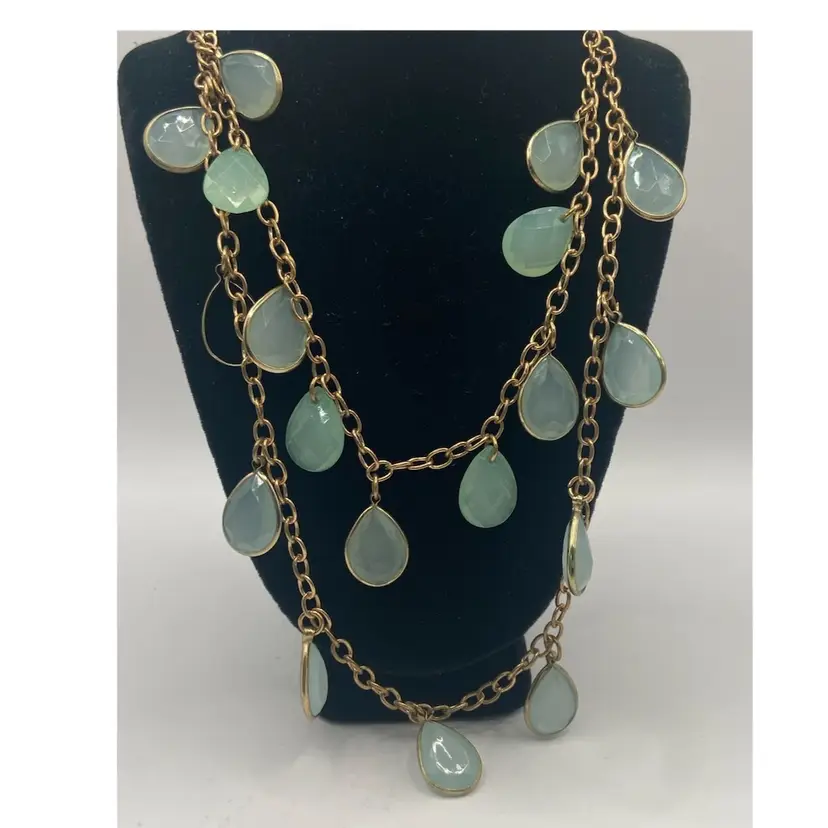 Gold Toned 2 Strand Necklace With Pear Shaped Sea Green Stones, 16+”, Adjustable, Unmarked, “Glows”