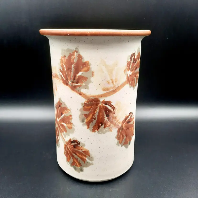 Art Pottery Fall Leaf Vase Crock Utensil Holder Signed B. Welsh (Bennett Welsh?)
