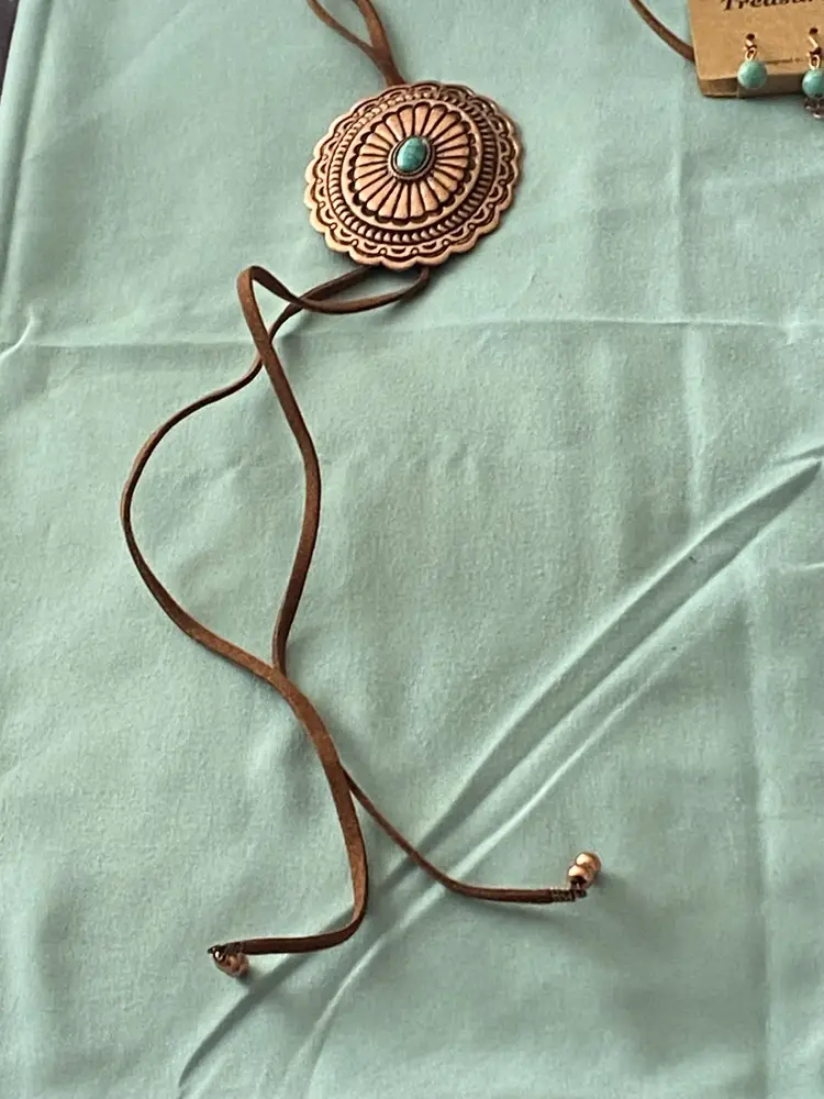 Treasure Necklace & Earrings Set Copper Pendant Turquoise Stone Brown Suede Cord