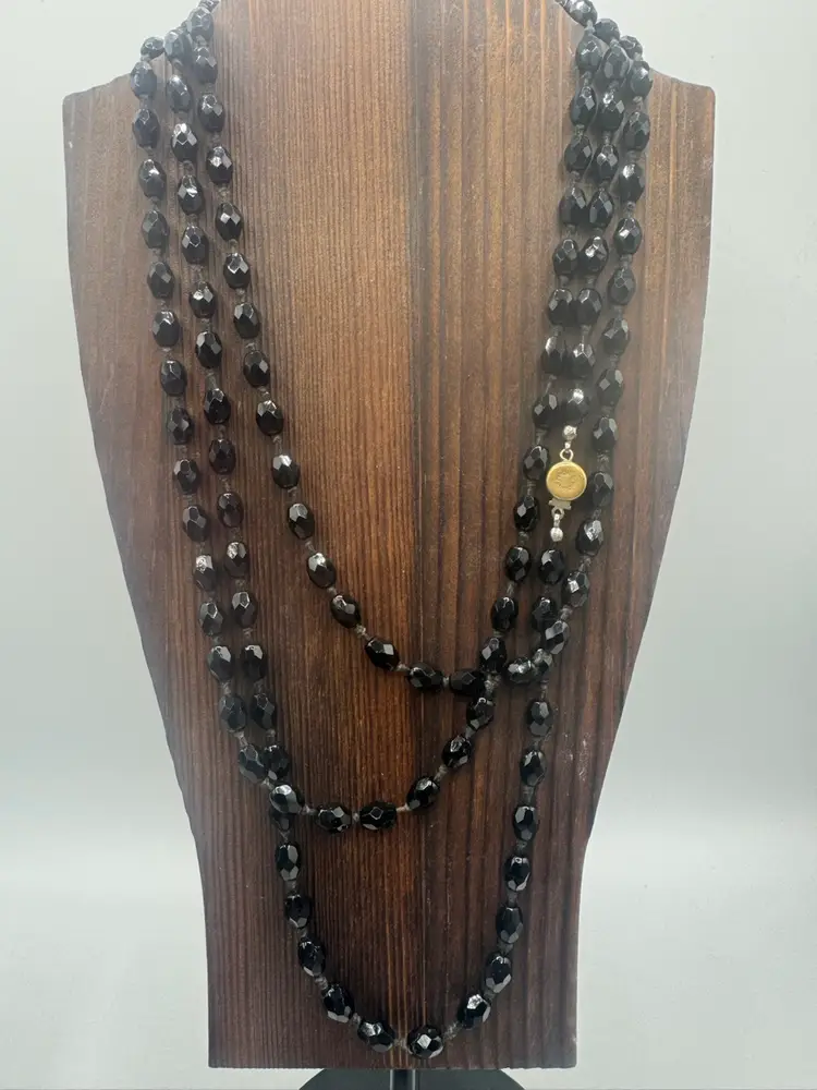 # 74 Vintage Made in AUSTRIA Faceted Jet Black Glass Beaded 56" Necklace