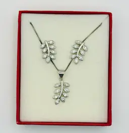 Sterling Silver CZ Gift Set Pierced Earrings & 18” Necklace NOS
