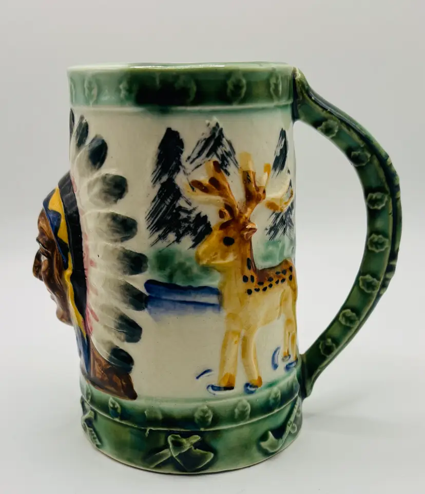 Vintage Hand painted mug. 3D Native American Chief with headress.