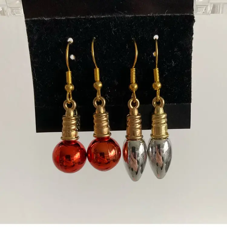 Set Of 2 Vintage Red And Silver Christmas Shiny Brite Style Ornament Earrings