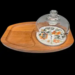 DOLPHIN -Teak Wood - Vintage-Cheese Board Serving Tray & Glass Dome- Floral Trivet- 14” L X 8.5 W X 5” H