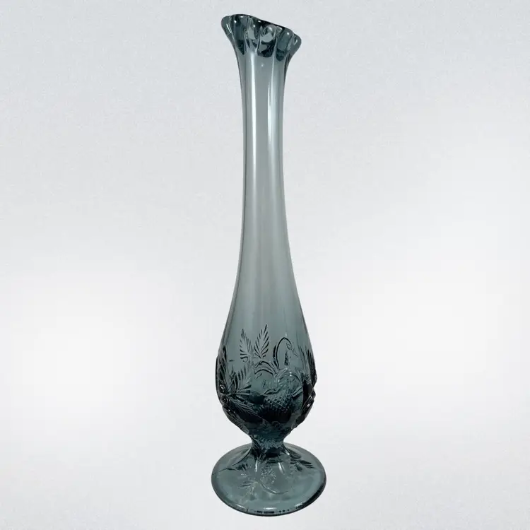 Fenton Smoky Blue Glass Inverted Strawberry Swung Bud Vase