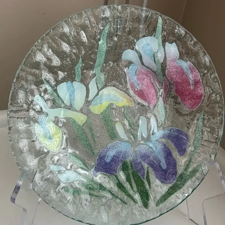 Vintage Bill Sydenstricker Fused art Glass Foral Iris Plate Pink Purple