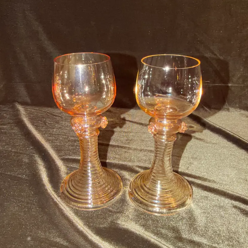 Set of 2 Vintage (possibly Antique) Bohemian “Roemer” Lock Wine Glasses Featuring hollow Beehive Or rubber Stem With Iridescent Orange/ Amber Luster