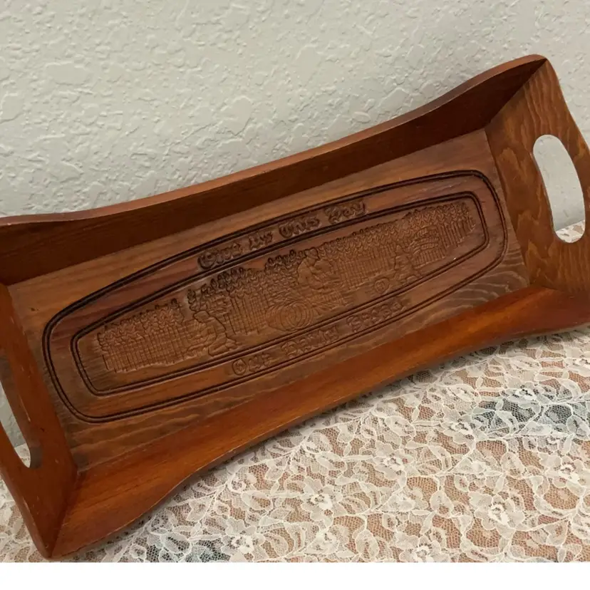 Wood Carved Serving Tray “Daily Bread” Verse Carved W Farm Scene