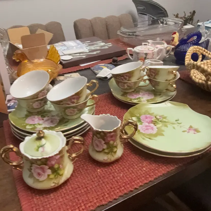 Vintage Lefton Heritage Green Pink Roses Porcelain Tea Set - 18 Pc