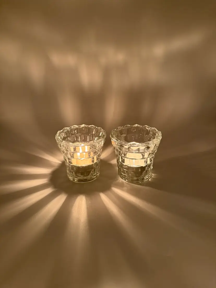 Set Of 2 Indiana Glass Votive Tea Light Candle Holders Vintage Clear Cubist