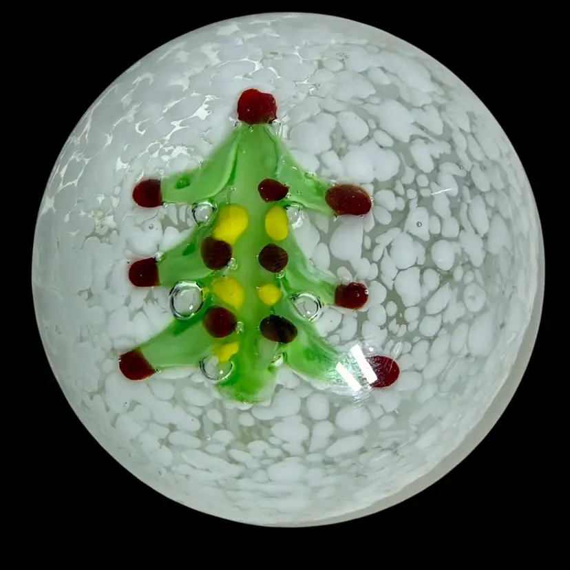 Art Glass Christmas Tree 🎄White Speckle Glass Paperweight 2.75”