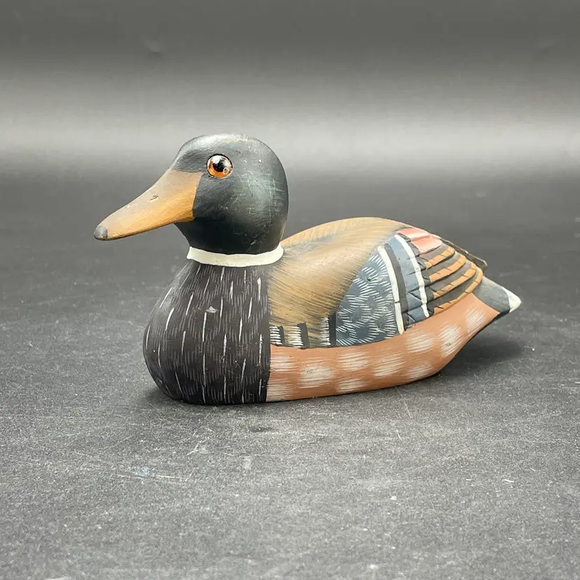 Mallard Duck Carved Stone Hand Painted Glass Eyes VTG Rustic Cabin Lodge Decor