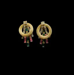 Vintage MCM Hobe Signed Pink Green Clear GoldTone 1.25” Clip Earrings