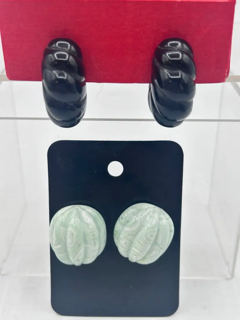 Set Of Two Vintage Rived Earrings One Shell Shaped Half Loop And One Half Acorn Slag Marble Effect