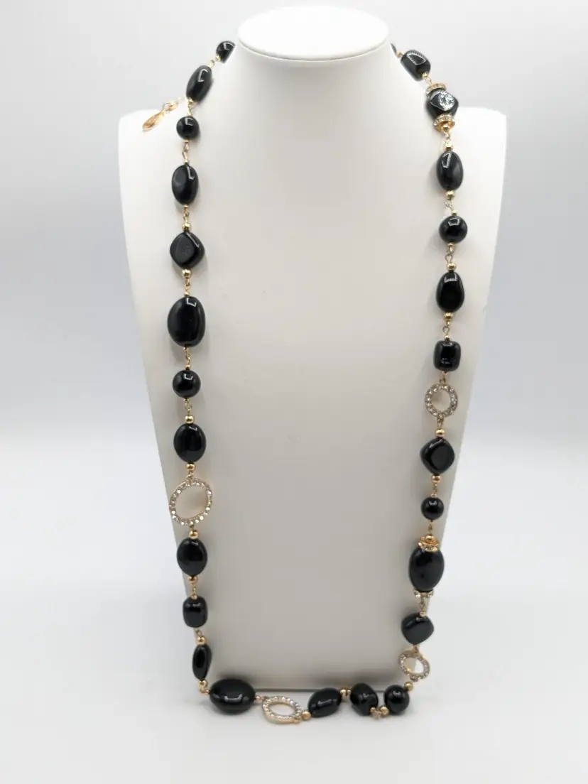 EL Black and Gold Tone Necklace with Rhinestones Jewelry