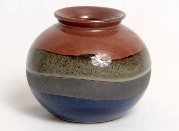 Japanese Style Round Ceramic 3" Bud Vase Orange Green Brown Blue Layered Glaze