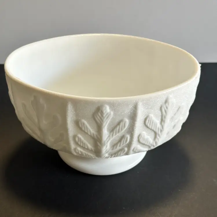 #954 Vintage Oval Bowl,  FTD 1975 Milk Glass Compote Pedestal Candy Dish with Oak Leaf Design